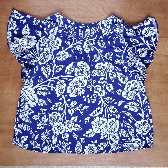 Rachel Zoe Floral Top Womens Plus 2X Blue White V Neck Flutter Cap Sleeve Blouse - Picture 6 of 10
